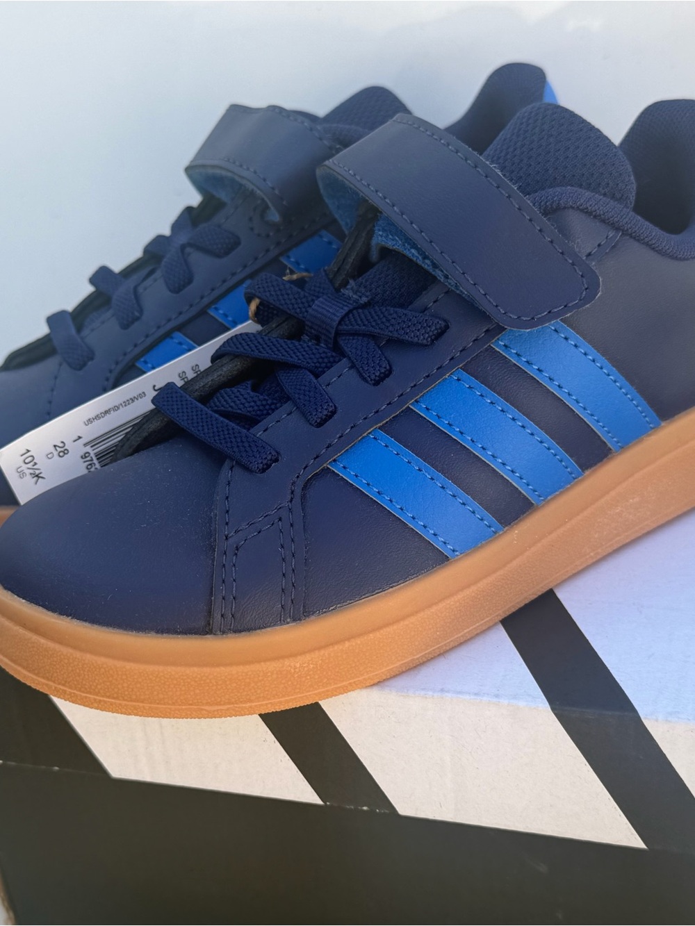 adidas Kids Navy Sneakers with Bright Blue Stripes and Gum Sole